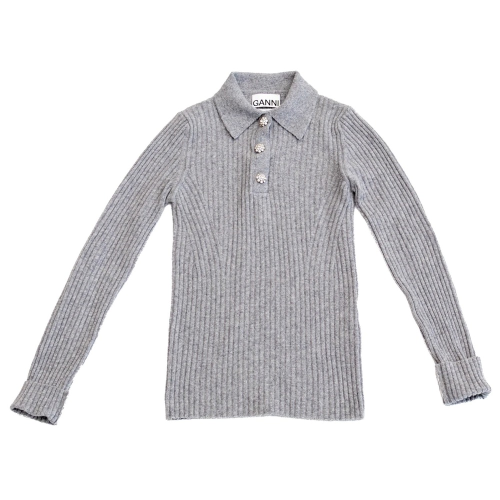 GANNI Ribbed Knit‎ Polo Sweater Grey Wool Blend Crystal Buttons Size XXS